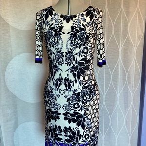 Graphic floral print jersey sheath dress with elbow length sleeves